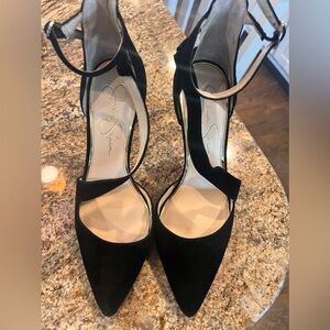 Jessica Simpson black suede heels with strap/gold buckle size8.5 Minimal wear